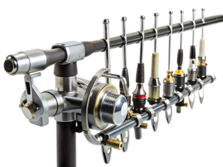 Fishing rod with multiple reels and accessories, isolated on transparent background