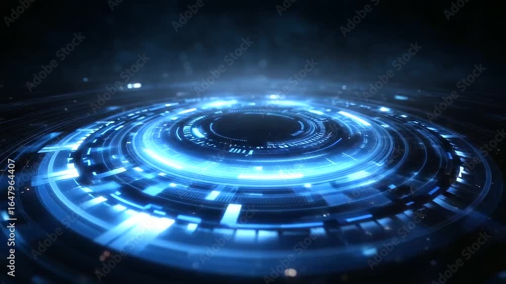 Poster futuristic digital interface with glowing blue holographic circles and data blocks, sci-fi portal ef