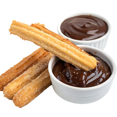 A churro with chocolate dip isolated on a transparent background
