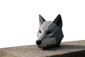 Low poly geometric wolf mask placed on stone surface in warm light with transparent background