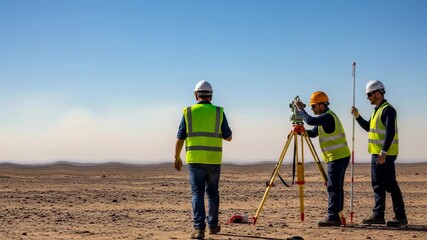 Man walking towards two men surveyors working with geodetic equipment in desert terrain, land measurement and construction footage.