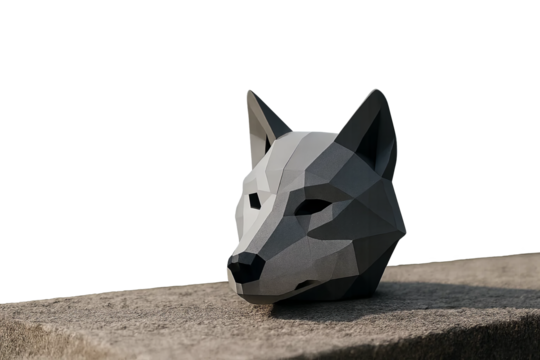 Low poly geometric wolf mask placed on stone surface in warm light with transparent background
