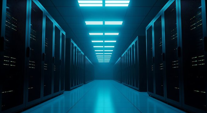 Photo of a futuristic server room with rows of glowing blue computer racks and illuminated ceiling lights, representing advanced technology and data