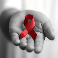 A hand gently holding a red awareness ribbon, symbolizing global HIV/AIDS awareness, compassion, unity, prevention, and hope in the fight against the disease.