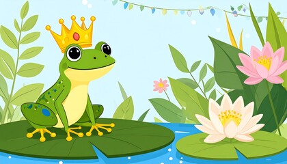 Naklejka premium Cartoon frog king on lily pad