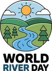 Obraz premium World River Day Celebration: Scenic Landscape with Winding River and Sun