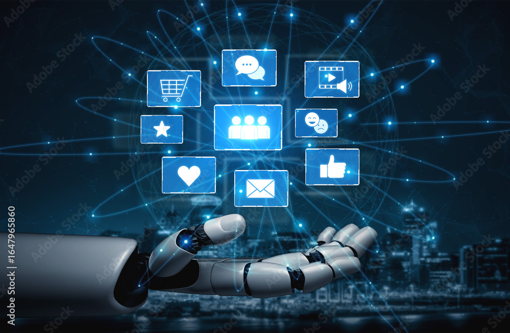 Poster ai analyzing social media interaction, processing user responses, and generating insights from digit