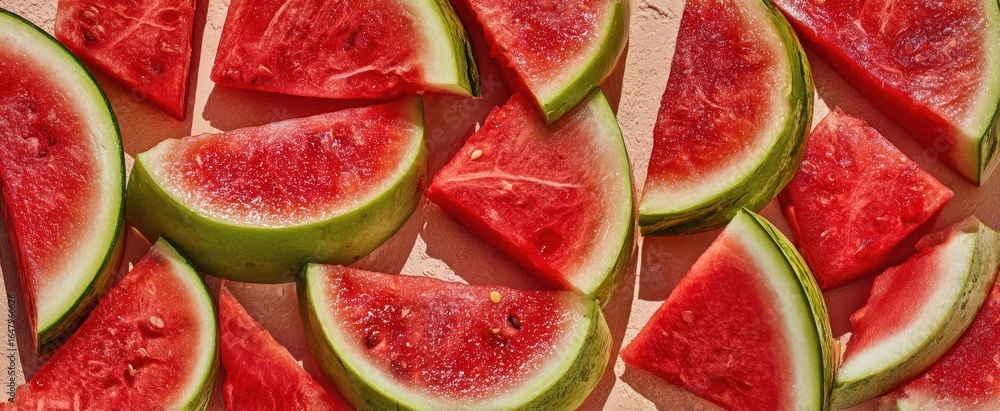 Poster the watermelon slices arranged in a colorful summer pattern on a tabletop