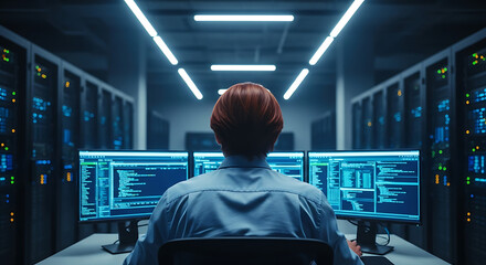 rear view of a system administrator working in a modern server room setup