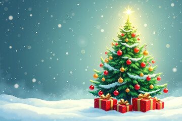 Obraz premium Christmas tree with red and gold ornaments, snow, and presents with gold bows, against a snowy blue background.