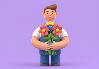 A charming 3D rendered cartoon man in blue overalls holding a colorful bouquet of flowers as a gift