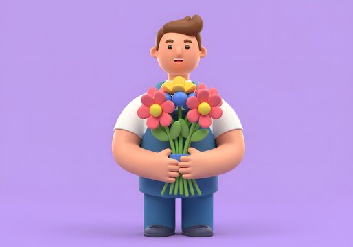 A charming 3D rendered cartoon man in blue overalls holding a colorful bouquet of flowers as a gift
