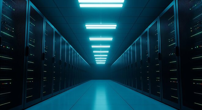 Photo of a long corridor in a dark server room with rows of computer racks and glowing blue lights