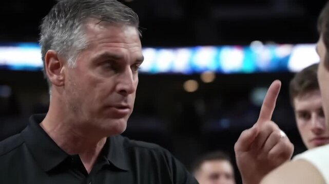 Intense coach motivational speech during crucial basketball game timeout