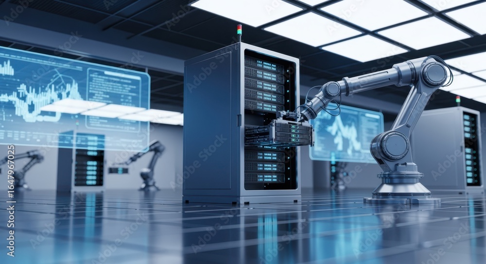 Aufkleber robotic machinery assisting with server placement on a polished build floor in an intelligent ai dat