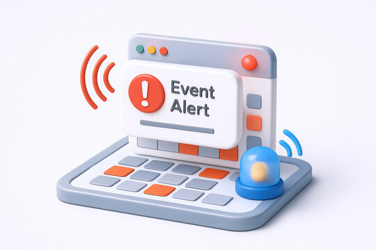 3D digital illustration of a computer screen displaying an event alert with flashing light and sound waves.