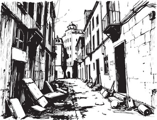 Gloomy urban alleyway, back streets. Hand drawn vector illustration