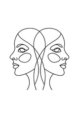 Minimalist line drawing two profile faces facing opposite directions abstract cheek
