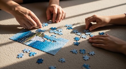 Fototapeta premium Sunlit Collaboration: Hands Piecing Together a Blue Seascape Jigsaw Puzzle