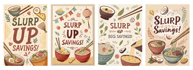 Colorful illustrations promoting savings with noodle bowls and chopsticks, creating a vibrant and inviting atmosphere.