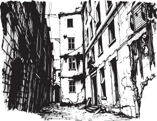 Gloomy urban alleyway, back streets. Hand drawn vector illustration