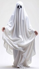 Full Shot Of White Ghost Costume With White Sheet And Black Eyes Against White Background
