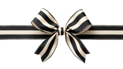 Front view of a black and white striped ribbon and bow isolated on a white transparent background