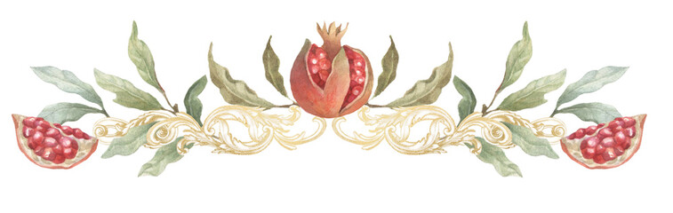 Baroque floral frame with pomegranate fruits and green leaves, royal ornament, luxury wedding border