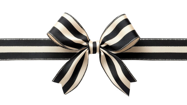 Front view of a black and white striped ribbon and bow isolated on a white transparent background