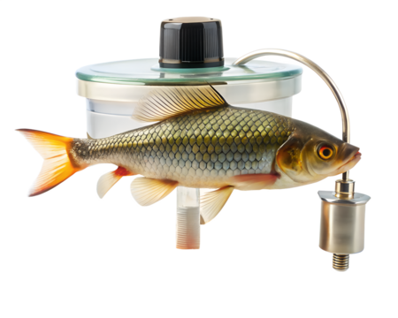 Live carp fish on a scientific measurement device with scale, isolated on transparent background