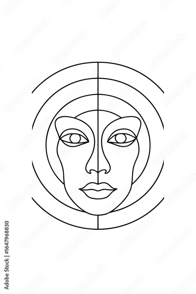 Poster minimalist single line drawing a face with concentric circles vector
