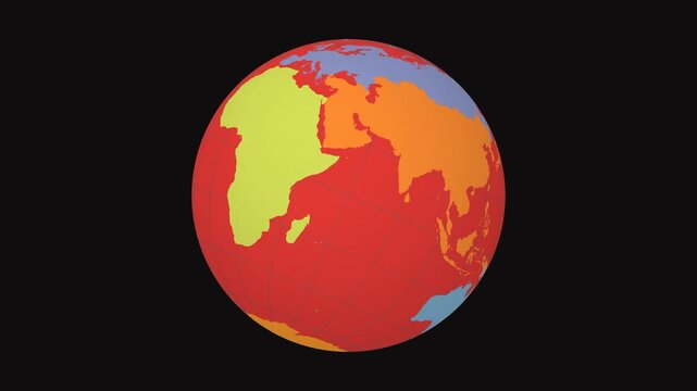 Spinning globe. Tilted sphere view. Moderate speed earth rotation. Colored continents style. World map with graticule lines on Dark background. Beautiful animation.