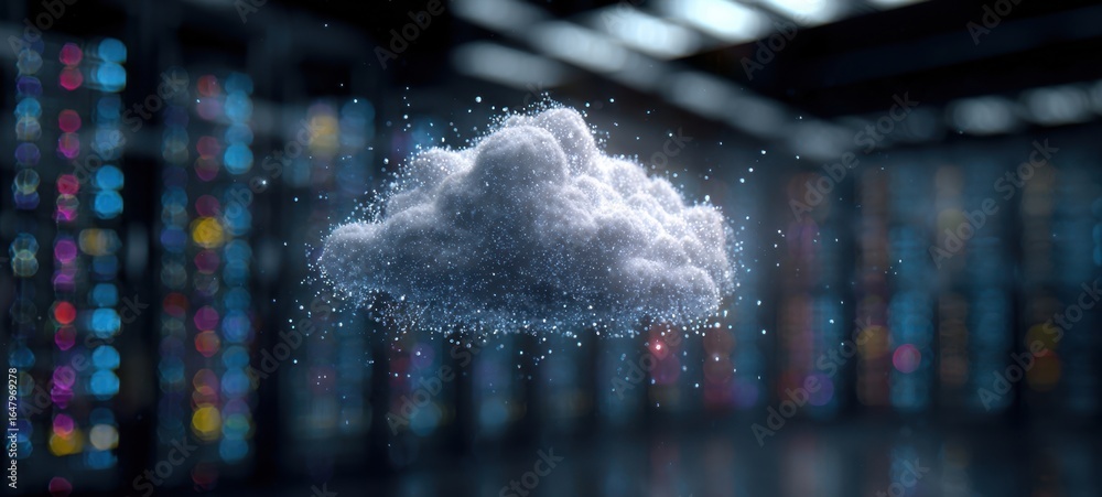 Poster the cloud floating in a futuristic server room with digital particle effects