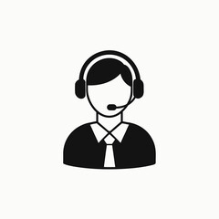 Support agent icon with headset and tie on white background