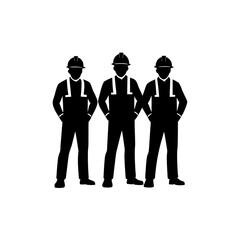 Three construction workers in overalls silhouette group