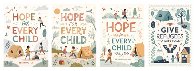Illustrative campaign promoting hope and support for every child in need, featuring diverse characters in various scenes.