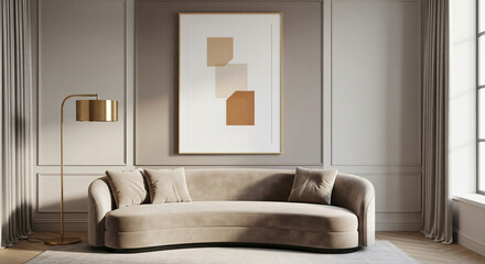 Modern beige sofa with decorative pillows in stylish living room . Poster Frame Mockup with Natural Light and Minimalist Decoration. 3D render.