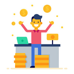 Vector art illustration of a successful digital businessman with gold coins