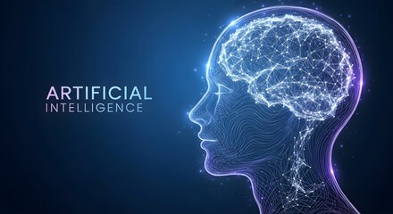 Artificial intelligence concept with a futuristic human head and brain network.