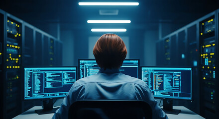 a programmer is working on multiple monitors in a server room environment