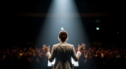 a woman delivers a powerful speech on stage, captivating her audience with her words