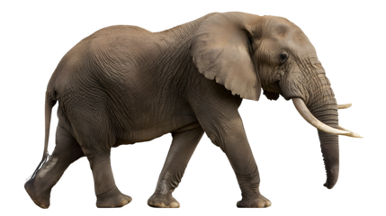 Majestic African elephant walking with powerful presence, detailed skin texture and tusks showcased