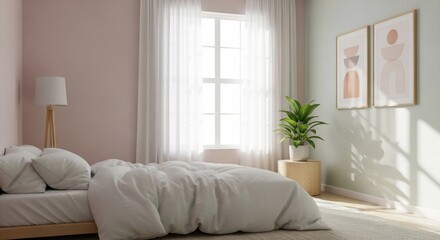 Sunlit Japandi Bedroom with Pastel Walls, Abstract Art, and Soft Shadows