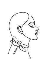 Minimalist single line drawing a woman s profile with a dragonfly her neck face head