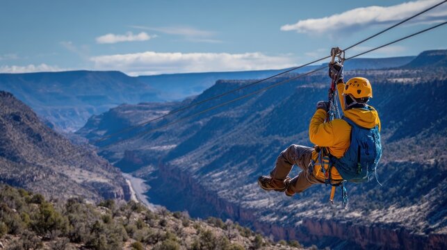 Person ziplining through a canyon