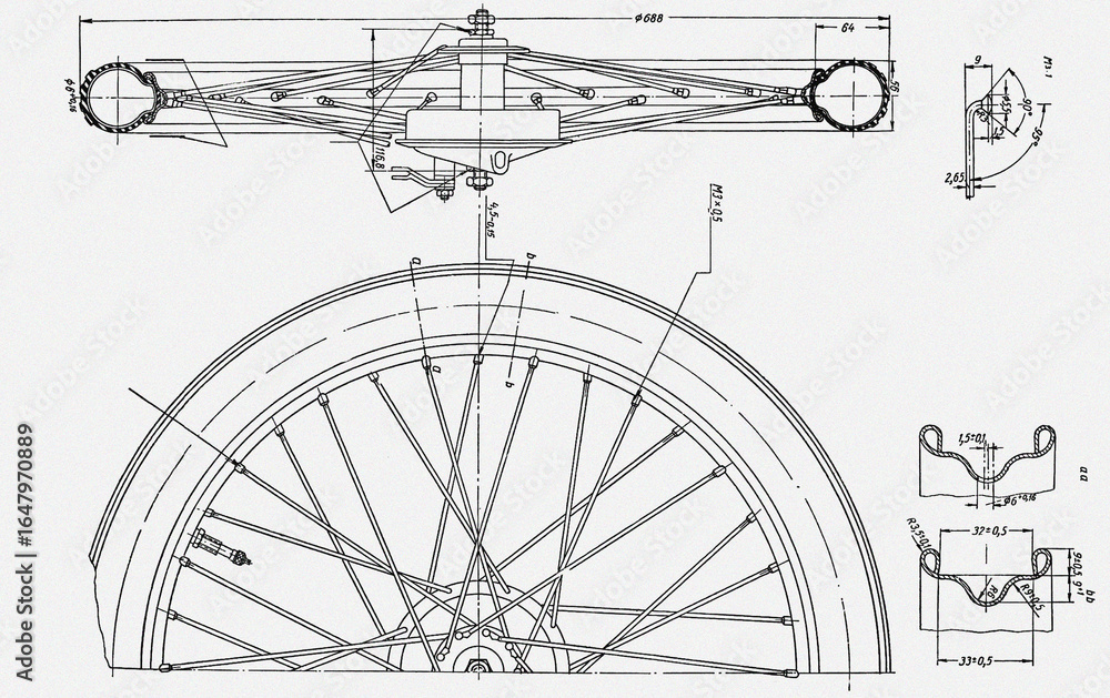 Poster engineering mechanical drawing of wheel and spokes of bicycle or motorcycle. technical mechanic sche