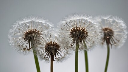 Obraz premium Close-up of several delicate dandelion seed heads, illuminated by soft light, showcasing nature's intricate design and the potential for new growth.