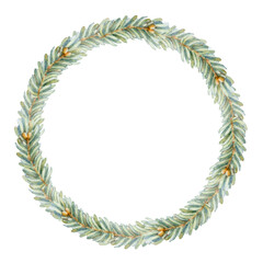 Circular wreath made of pine branches, perfect for holiday designs. Watercolor illustration isolated on white background for Happy New Year greeting cards and designs, Christmas cards, festive decorat