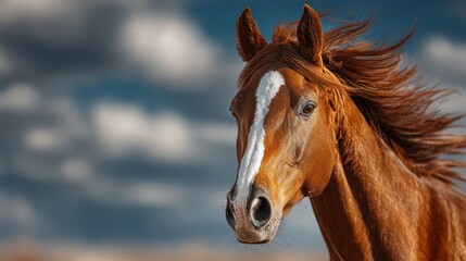 Fototapeta premium Beautiful chestnut horse with flowing mane against a dramatic sky surrounded by clouds