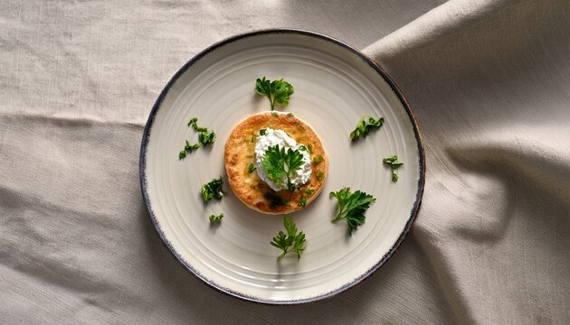 minimal plate with neatly arranged tajadas garnished with herbs on neutral linen cloth clean food styling